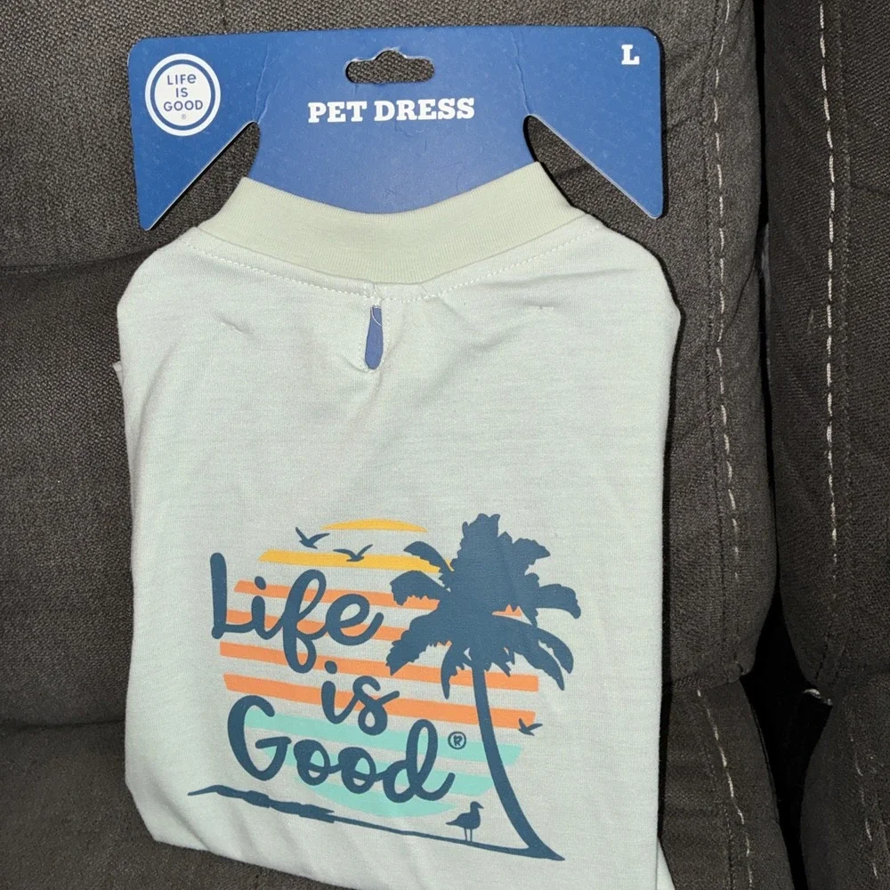 Life is Good Dog Pet Shirt Dress Light Green Palm Trees Large